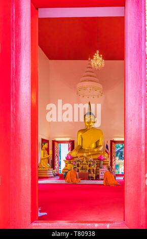 Moines à Mongkol Nimit temple (WAT) dans la vieille ville de Phuket, Phuket, Thaïlande, Asie du Sud, Asie Banque D'Images