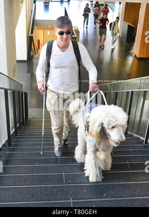 25 avril 2019, Saxe, Leipzig : l'élève aveugle Sebastian Schulze promenades pour une conférence avec son chien-guide, le roi soleil caniche, sur le campus de l'Université de Leipzig. Le poème "In meinem wilden Herzen' par Rainer Maria Rilke est brodé en braille sur son T-shirt. Sebastian, maintenant 42, a perdu la vue il y a 14 ans et étudie maintenant les études culturelles. Pendant de nombreuses années, il a été engagé pour les étudiants handicapés et n'entraînent pas d'études. Il a développé une liste de contacts avec des points de contact pour les étudiants handicapés au sein du groupe de travail. Photo : Waltraud Grubitzsch/dpa-Zentralbild/dpa Banque D'Images