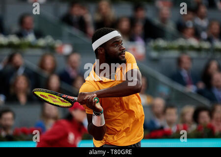 Frances Tiafoe en action au cours de la journée 6 de la Mutua Madrid Open Master match contre Rafael Nadal à la Caja Magica de Madrid. Banque D'Images