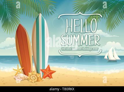 Vector hello summer card ou une affiche avec des symboles de l'été Illustration de Vecteur