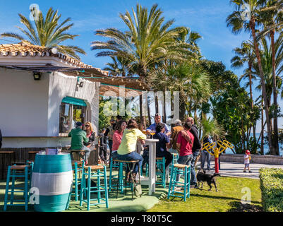 Marbella Beach bar boissons tapas alfresco dans oasis verdoyante entourée de palmiers avec mer Méditerranée derrière Costa del Sol Malaga Marbella espagne Banque D'Images