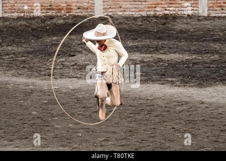 Juan Franco pratique ses compétences corde pendant la session de pratique familiale Charreria dans les hautes terres de Jalisco ville de Capilla de Guadalupe, au Mexique. La famille Franco mexicain a dominé pendant 40 ans de rodéo et a remporté trois championnats nationaux, cinq deuxièmes places et 5 troisièmes places. Banque D'Images