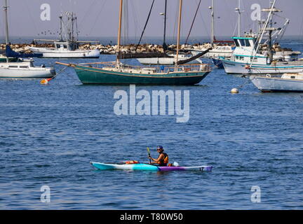 Un homme monte en kayak dans le vieux quartier de Fisherman's wharf à Monterey, CA (3 août 2018) Banque D'Images