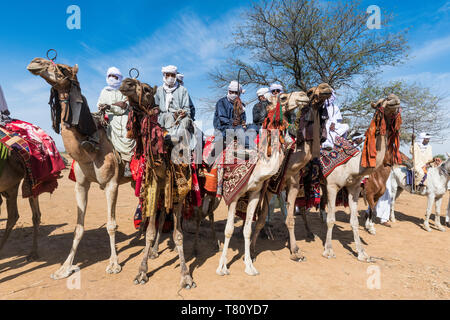 Chameau coloré riders à un festival Tribal, Sahel, Tchad, Afrique Banque D'Images