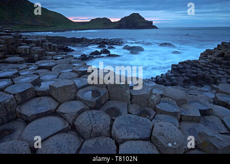 Crépuscule sur le Giant's Causeway, UNESCO World Heritage Site, comté d'Antrim, en Irlande du Nord, Royaume-Uni, Europe Banque D'Images
