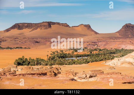 Vue sur un lac d'eau salée entourée par le désert, le Nord du Tchad, Afrique Banque D'Images