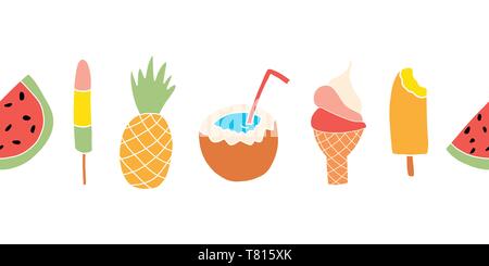 Traite d'été frontière vectoriel continu. Répéter design de bannières avec le melon d'eau, glace, ananas, noix de coco, ice cream cone Illustration de Vecteur