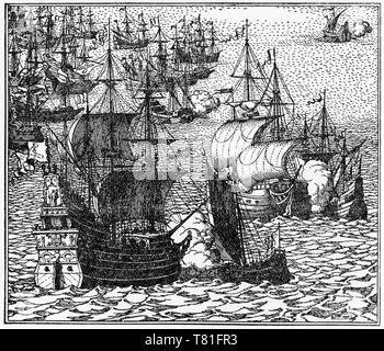 Une gravure hollandaise de navires anglais s'attaquer à l'armada espagnole Banque D'Images