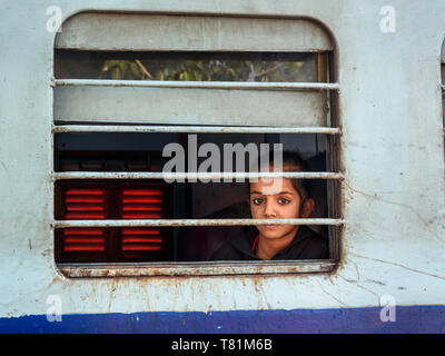 Du Sambhar, Inde - Février 02, 2019 : Indian girl sitting in train, et regardant à travers la fenêtre. Rajasthan Banque D'Images