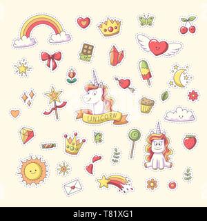 Sticker licorne avec coeur, nuages, arc-en-ciel, soleil, lune et plus encore. Jeu de caractères de dessin animé mignon. Vector collection pour autocollants, patches, badges, broches. Doodle style dessiné à la main Illustration de Vecteur