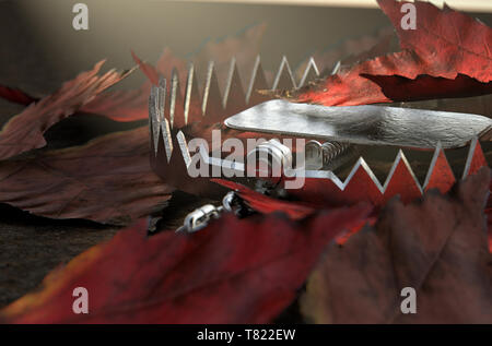 Un animal en métal cachés sous un tas de feuilles d'automne sur le terrain - 3D render Banque D'Images