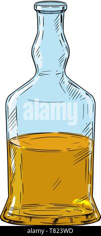 Vector cartoon illustration ou dessin de la moitié pleine alcool fort ou une bouteille de whisky. Illustration de Vecteur