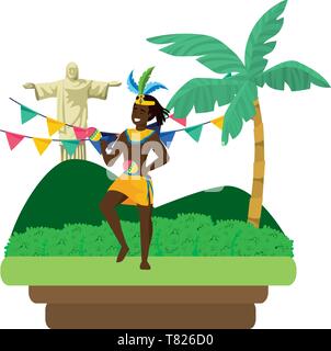 La célébration de l'homme Brésil carnaval avec les maracas sur le paysage avec des fanions et le Christ rédempteur modifiables illustration vectorielle Illustration de Vecteur