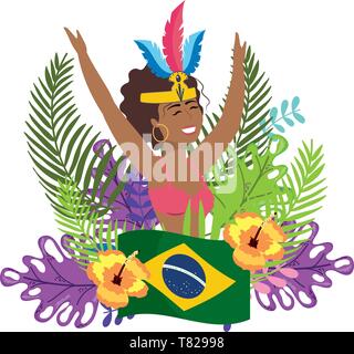 Femme autochtone célébrant danse carnaval du Brésil entre les feuilles et fleurs Brésil flag vector illustration modifiable Illustration de Vecteur
