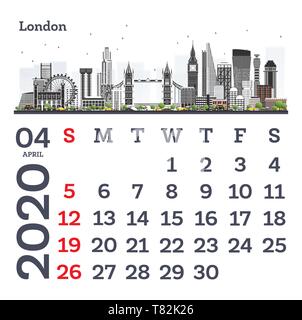 Avril 2020 Modèle de calendrier avec les toits de la ville de Londres. Vector Illustration. Modèle pour imprimer. De début de la semaine à partir de dimanche. Illustration de Vecteur