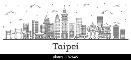 Contours Taipei Taiwan sur les toits de la ville avec des immeubles modernes isolé sur blanc. Vector Illustration. La ville de Taipei avec repères. Illustration de Vecteur