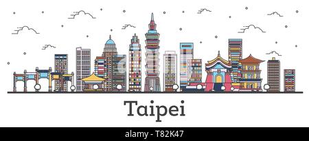 Contours Taipei Taiwan City Skyline avec bâtiments couleur isolé sur blanc. Vector Illustration. La ville de Taipei avec repères. Illustration de Vecteur