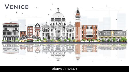 Italie Venise Ville avec des bâtiments de couleur et réflexions isolé sur blanc. Vector Illustration. Illustration de Vecteur