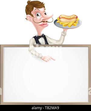 Frites et hot-dog caricature Waiter Sign Illustration de Vecteur