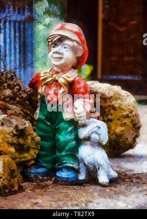 Statue de nain de jardin coloré avec petit chiot Banque D'Images