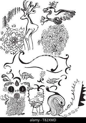 Illustration noir et blanc de Kota psychédélique. Patrons, amis, la méditation. Illustration de Vecteur