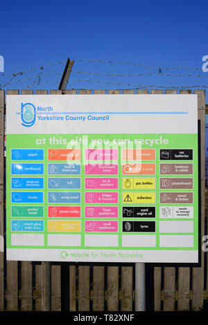 Avis du conseil d'articles qui peuvent être recyclés au centre de recyclage de Selby par North Yorkshire County Council Royaume-Uni Banque D'Images