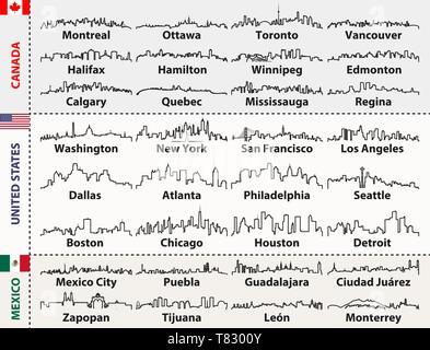 Canada, États-Unis et Mexique villes skylines silhouettes Illustration de Vecteur