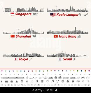 L'horizon de vecteur de Singapour, Kuala Lumpur, Shanghai, Hong Kong, Tokyo et Séoul Illustration de Vecteur