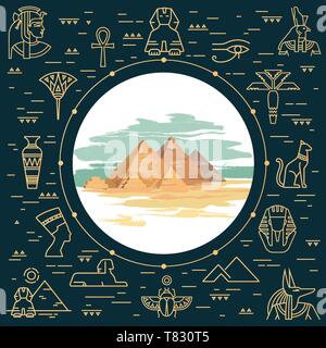 Vector illustration colorée de la pyramide de Gizeh, en Egypte à la main et de lieux d'icônes de style linéaire isolé sur fond. L'Égypte affiche touristique Illustration de Vecteur