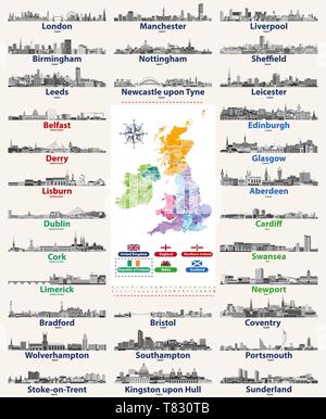 Plus grandes villes du pays à l'horizon des Îles Britanniques Illustration de Vecteur