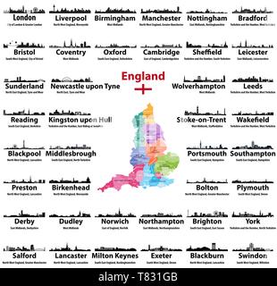 Carte de l'Angleterre et l'horizon de villes avec des noms de ville, région et comté Illustration de Vecteur