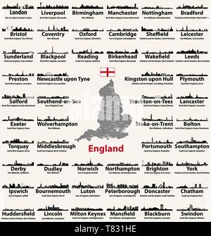Carte de l'Angleterre et l'horizon de villes avec des noms de ville, région et comté Illustration de Vecteur