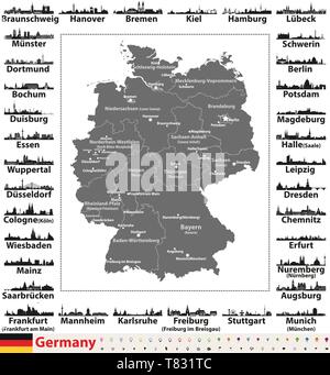 Carte de l'Allemagne avec plus grandes villes skylines silhouettes vector set Illustration de Vecteur