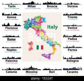 Carte des plus grandes villes italiennes l'Italie avec des silhouettes à l'horizon Illustration de Vecteur