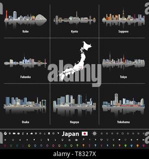 La carte japonaise avec le Japon à l'horizon de la plus grande villes Illustration de Vecteur