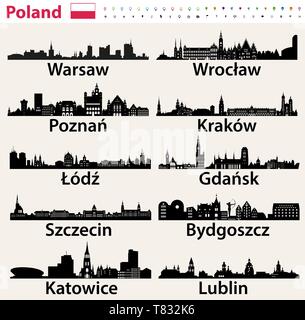 Plus grande ville de Pologne icônes skylines Illustration de Vecteur