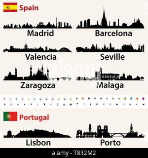 L'Espagne et le Portugal à l'horizon de plus grandes villes silhouettes vector set Illustration de Vecteur