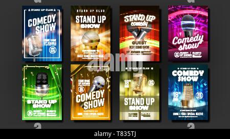 Affiche promotionnelle de Stand Up Salon Set vecteur. Les microphones, les confettis multicolores lumineux et des rideaux colorés représentés sur l'affiche de publicité Recueillir Illustration de Vecteur