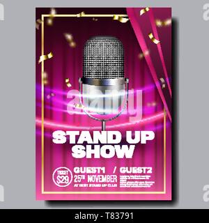 Carte Publicité bannière sur Stand Up Show vecteur. Microphone Radio Vitesse, feux de circulation et d'or sur fond violet Confettis Rideau Design Banne Illustration de Vecteur