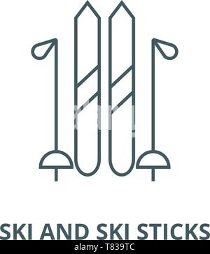 Bâtons de ski et de ski sur l'icône de la ligne du vecteur linéaire, concept, contours affiche, symbole Illustration de Vecteur