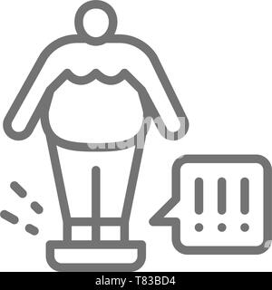 Fat Man sur les balances, l'icône de la ligne de contrôle du poids. Illustration de Vecteur