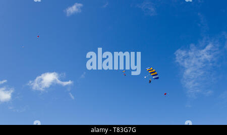 Silhouette de plongeurs ciel vole vers le sol après un saut en tandem, à Byron Bay, Queensland, Australie. Banque D'Images