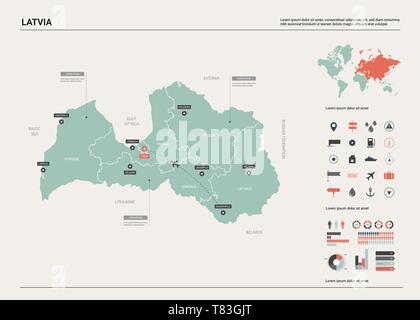 Carte vectorielle de la Lettonie. Carte pays très détaillés avec division, villes et capitale, Riga. Une carte politique, carte du monde, les éléments de l'infographie. Illustration de Vecteur