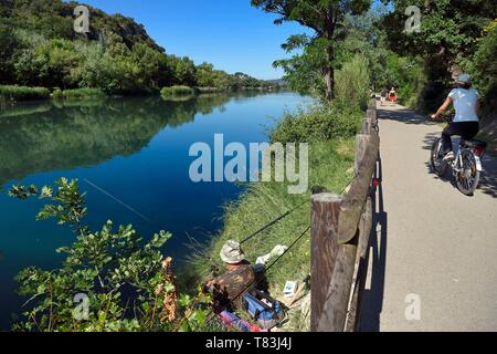 France, Alpes de Haute Provence, Parc Naturel Régional du Verdon (Parc Naturel Régional du Verdon), Gréoux-les-Bains, les rives de la rivière Verdon piste cyclable, pêche à la truite Banque D'Images