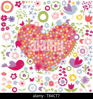 Floral, fleurs carte postale coeur rouge Illustration de Vecteur