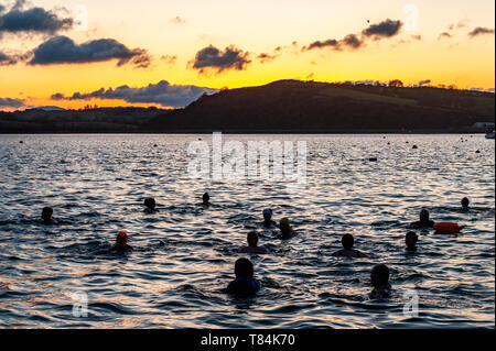 Bantry, West Cork, Irlande. Le 11 mai, 2019. Comme une alternative à la marche annuelle de ténèbres en lumière, qui amasse des fonds pour la maison, la Pietà de bienfaisance du suicide, un groupe d'amis de Bantry nager à la place. À partir de 5h30 ce matin, environ 25 personnes s'est rendu pour une baignade dans les eaux froides de la baie de Bantry dans le contexte d'un soleil levant. Credit : Andy Gibson/Alamy Live News. Banque D'Images