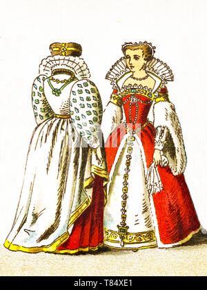 Les chiffres représentés ici sont les français entre 1550 et 1600. Ils sont, de gauche à droite : un tribunal costumes portés par une noble dame à l'époque et Louisa de Lorraine l'épouse de Henri III. L'illustration dates à 1882. Banque D'Images