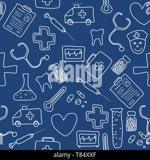 Modèle transparent avec des soins de santé, de médecine et de pharmacie d'icônes et de symboles. Antécédents médicaux doodle. Illustration de Vecteur