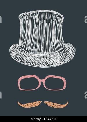 Hipster objets définir doodle - lunettes, moustache et chapeau haut vector illustration. Illustration de Vecteur