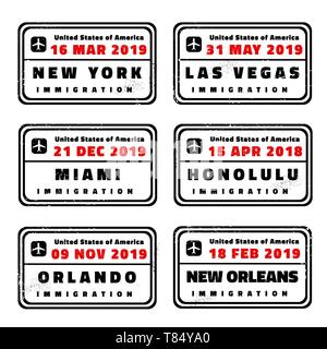 Vecteur de collecte de timbres de passeport USA : New York, Las Vegas, Miami, Honolulu, Orlando et New Orleans. Illustration de Vecteur